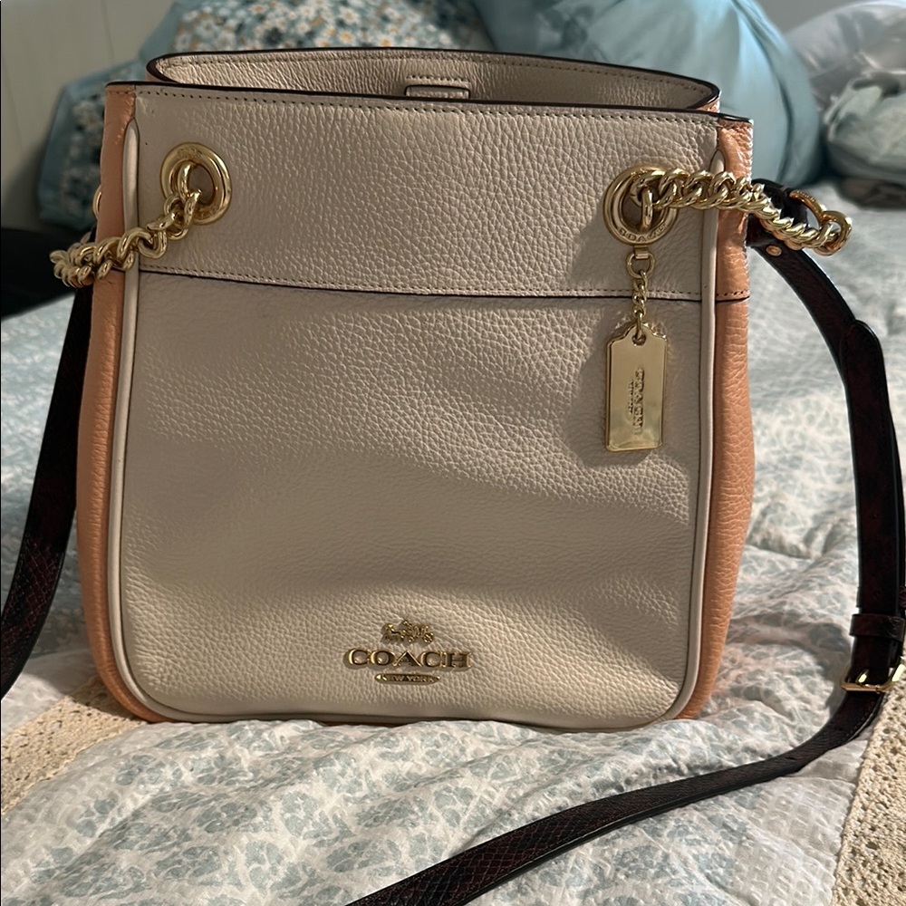 Coach White and Tan Crossbody Bag with Gold Accents